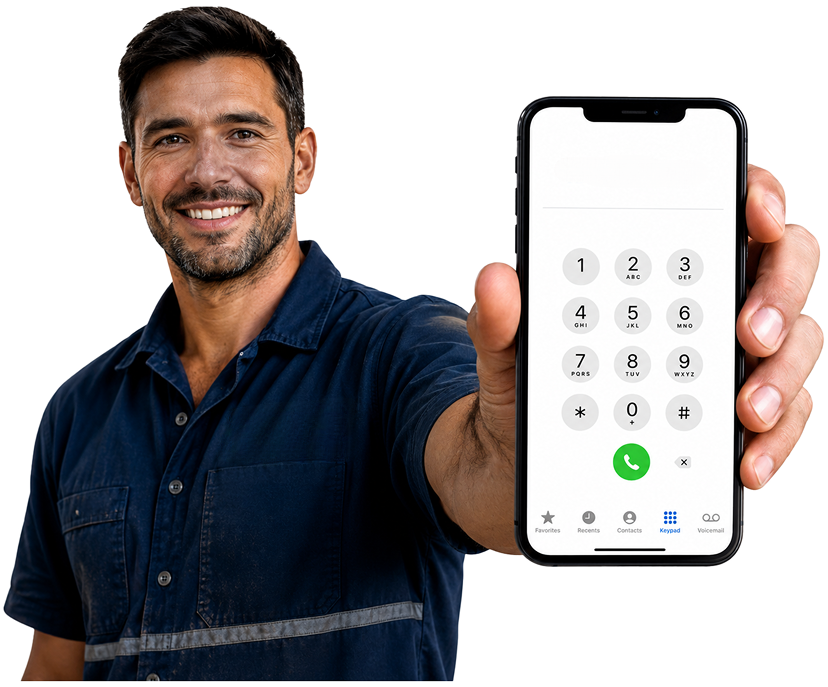 Liberty Grove Blocked Drains plumber holding a phone — call 1300 261 965