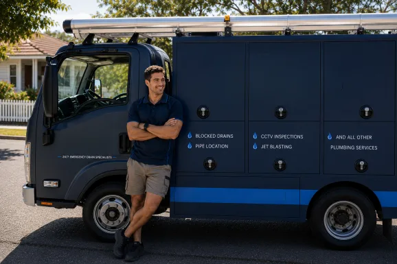 Service van and plumber at a Liberty Grove callout