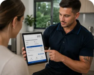 Plumber showing a Liberty Grove customer the quote on a tablet