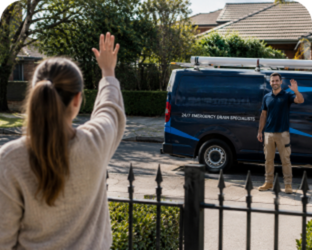 Customer waving goodbye to a Liberty Grove Blocked Drains plumber